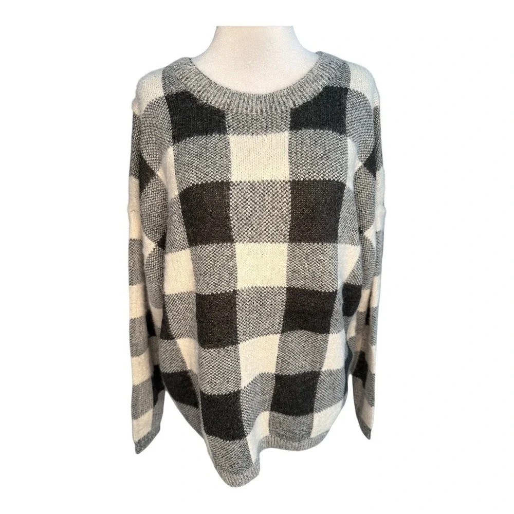 CHELSEA & THEODORE Buffalo‎ Plaid Crewneck Sweater Black White Cozy Knit XL
